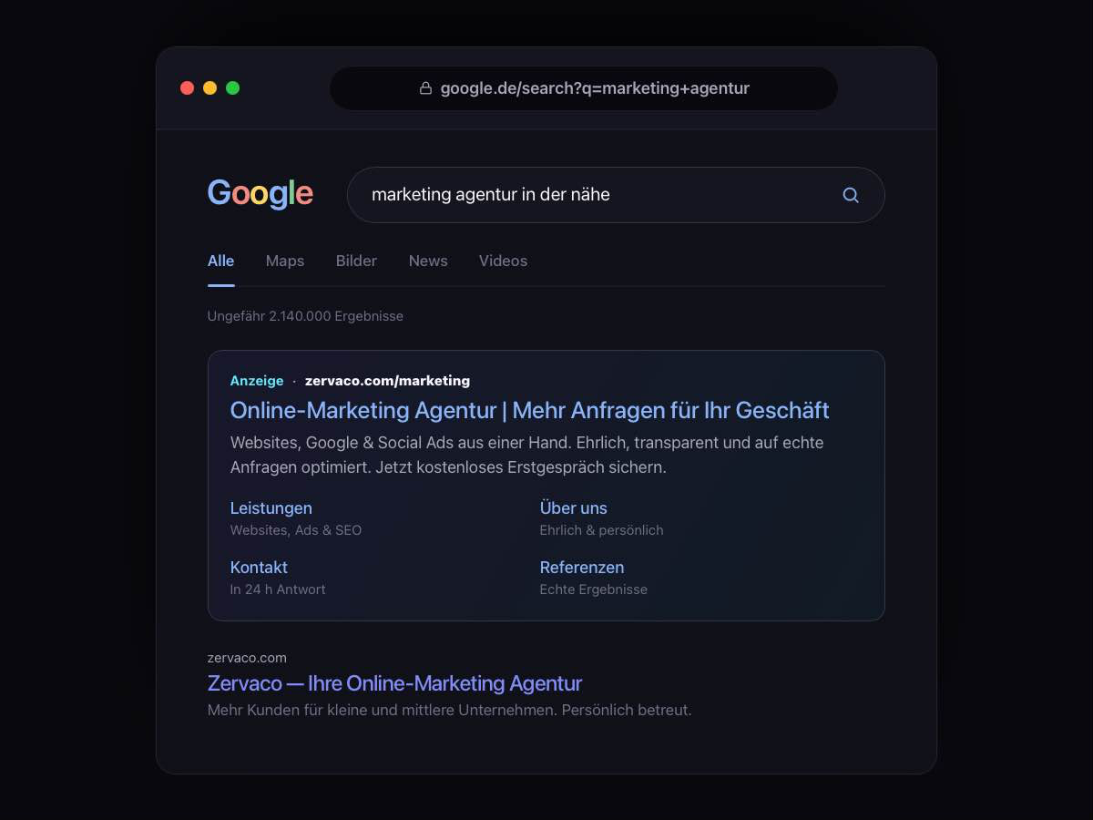 Beispiel einer Google-Ads-Anzeige von Zervaco in den Suchergebnissen